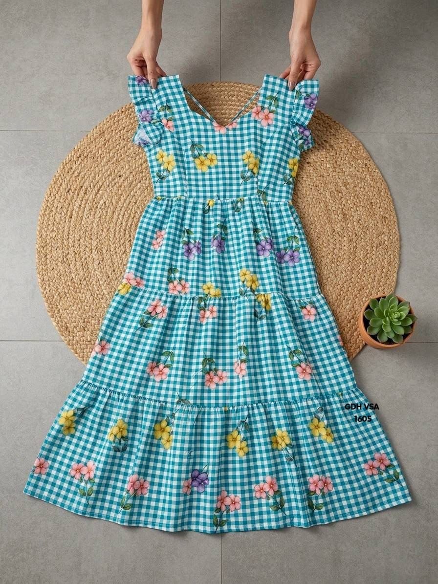 Gingham Floral Cotton Maxi dress - Blue